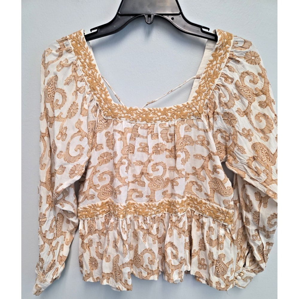 Anthropologie Mahila Boho Peasant Top Small 100% Cotton Tassel Embroidered Tan